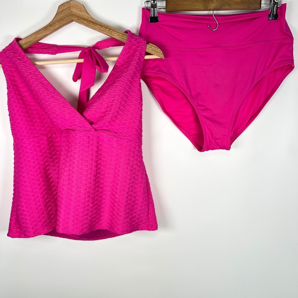 Lands End Womens Prism Pink Texture Halter Tankini Top Bottoms Swimsuit Set L